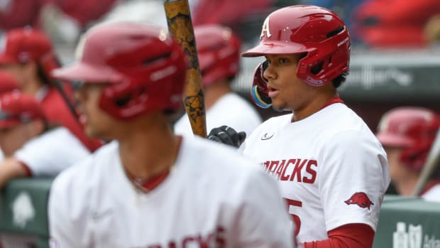 Arkansas Razorbacks Kendall Diggs on deck against Eastern Illinois on Friday, Feb. 24, 2023, at Baum-Walker Stadium in Fayetteville, Ark.